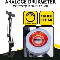 Dunlop Staande Fietspomp Pro Uitvoering - Analoge Drukmeter - Dubbele Ventielkop - Zwart -Windgoo Shop 550x508