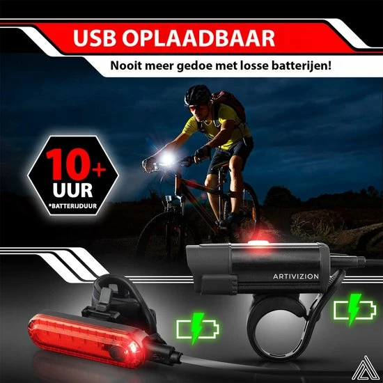 ARTIVIZION Led Fietsverlichting Set - Fietslamp - Voorlicht En Achterlicht - USB Oplaadbaar - Waterdicht Fietslicht - Fietslampjes - Zwart 2 ARTIVIZION Led Fietsverlichting Set - Fietslamp - Voorlicht En Achterlicht - USB Oplaadbaar - Waterdicht Fietslicht - Fietslampjes - Zwart - Afbeelding 2
