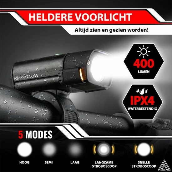 ARTIVIZION Led Fietsverlichting Set - Fietslamp - Voorlicht En Achterlicht - USB Oplaadbaar - Waterdicht Fietslicht - Fietslampjes - Zwart 3 ARTIVIZION Led Fietsverlichting Set - Fietslamp - Voorlicht En Achterlicht - USB Oplaadbaar - Waterdicht Fietslicht - Fietslampjes - Zwart - Afbeelding 3