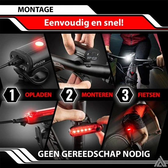 ARTIVIZION Led Fietsverlichting Set - Fietslamp - Voorlicht En Achterlicht - USB Oplaadbaar - Waterdicht Fietslicht - Fietslampjes - Zwart 8 ARTIVIZION Led Fietsverlichting Set - Fietslamp - Voorlicht En Achterlicht - USB Oplaadbaar - Waterdicht Fietslicht - Fietslampjes - Zwart - Afbeelding 8